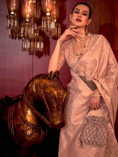 Fascinating Peach Zari Woven Silk Reception Wear Saree With Blouse